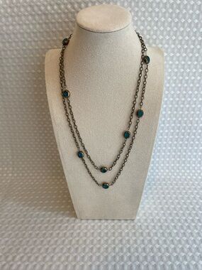 Long Antiqued Bronze Strand Station Necklace with Teal Glass Cabochons #656